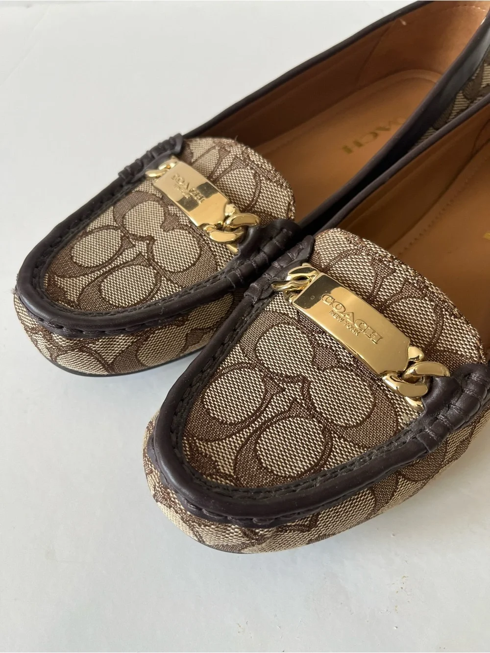 Coach olive Brown Signature logo Gold Hardware Canvas Driving Loafers size 7.5B